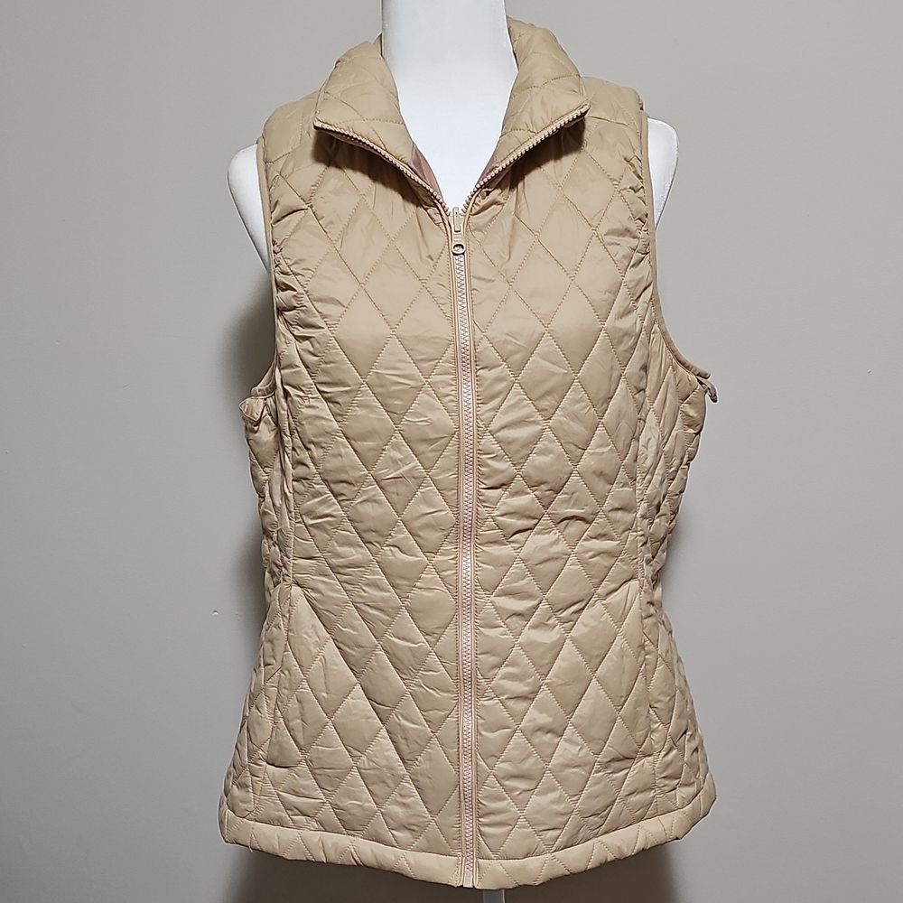 Quilted Sleeveless Zip Front Vest - Beige